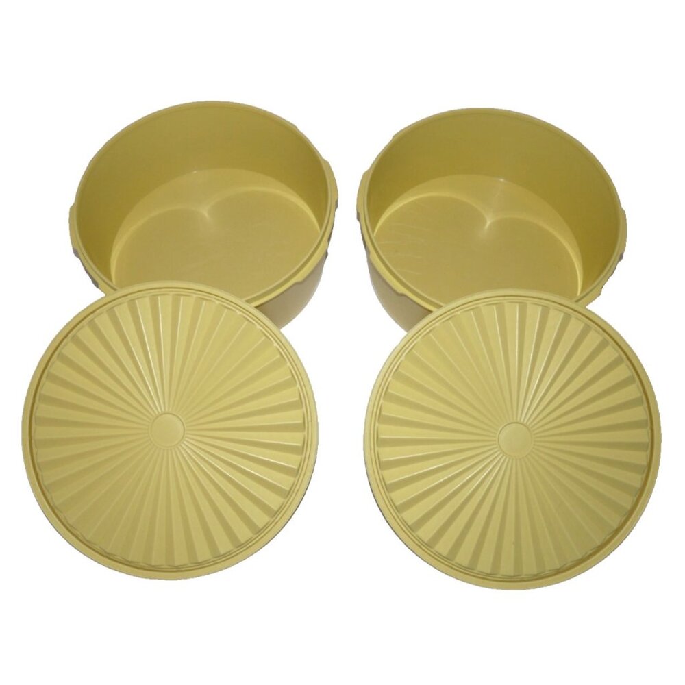 Vintage Tupperware set of 2 stacking 8" gold yellow containers  3.24" tall each - Picture 2 of 4